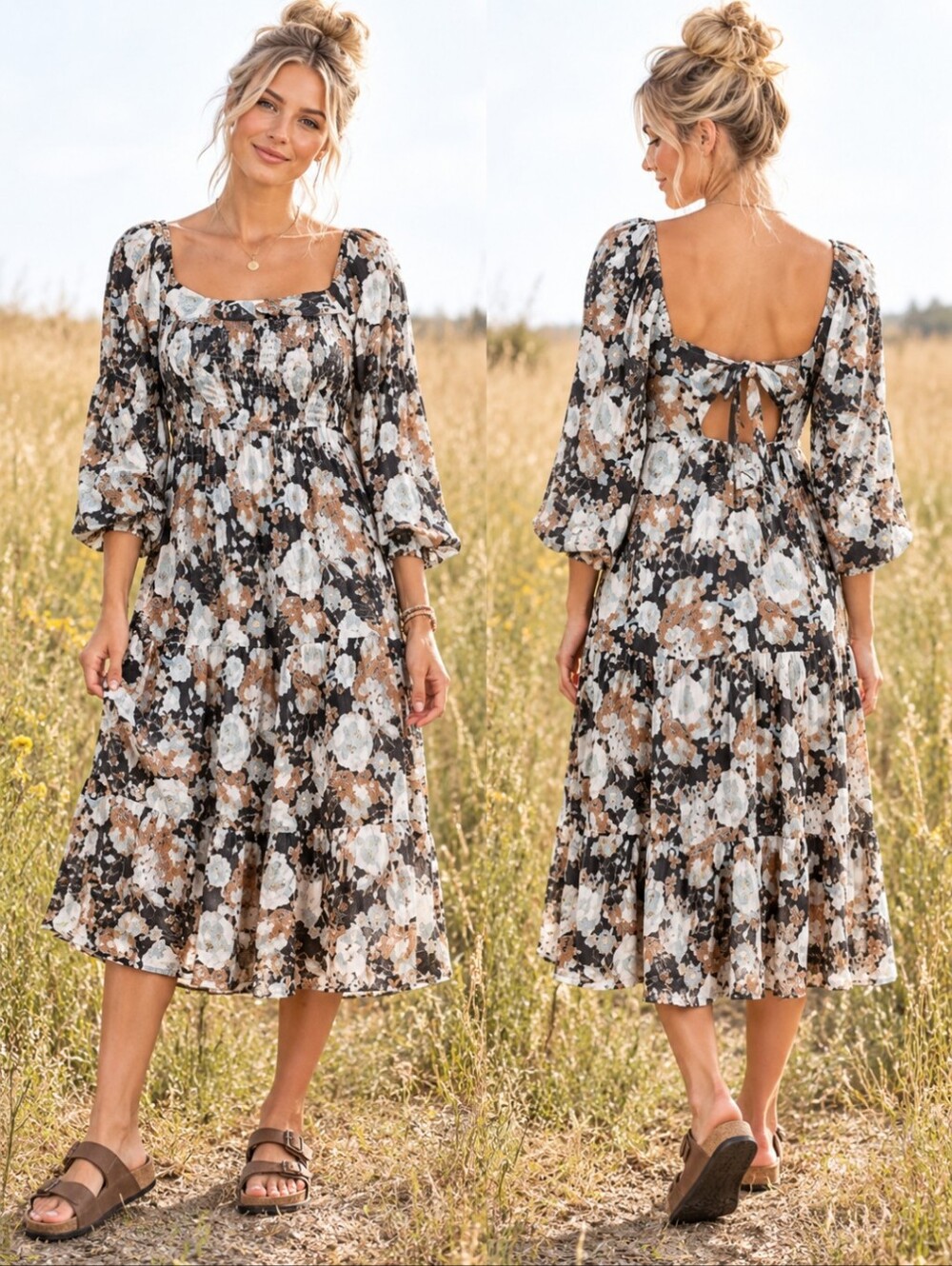 Smocked Square-Neck Midi Dress Black/ Cream Neutral Floral Long Sleeves Sz S